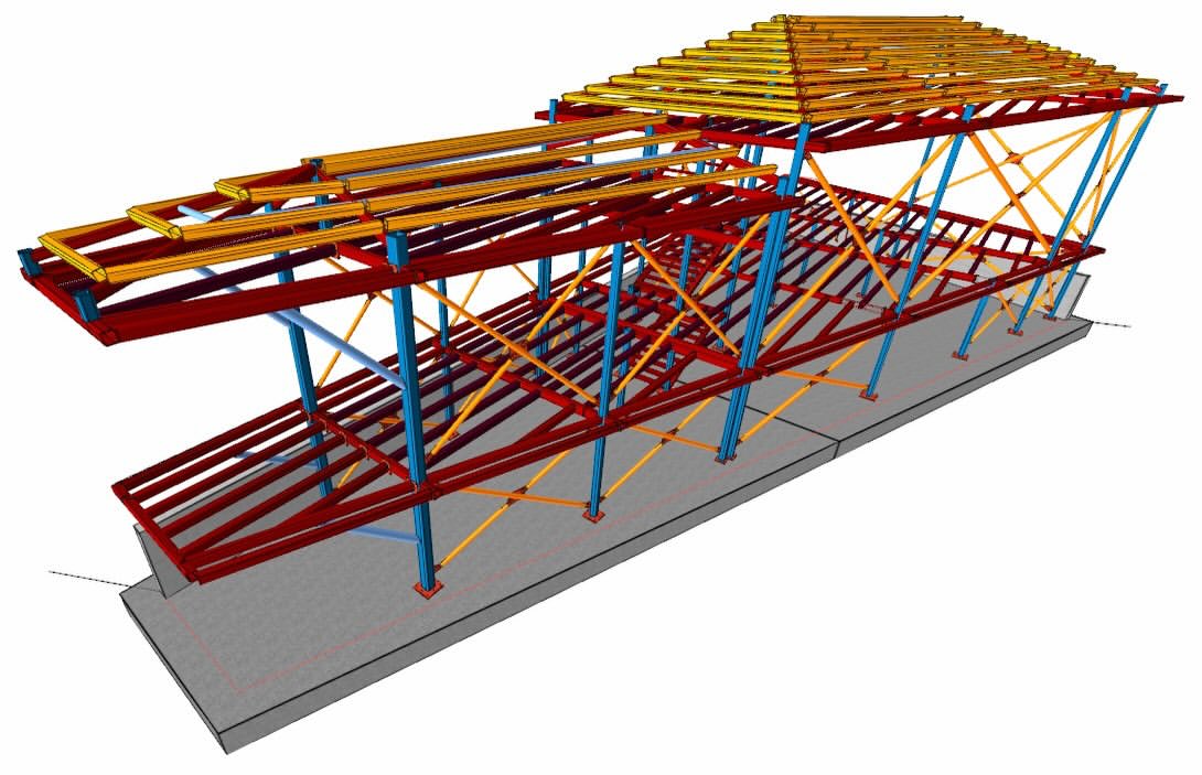 İki bölümlü çelik konstrüksiyon imalathane taşıyıcı sistem modeli