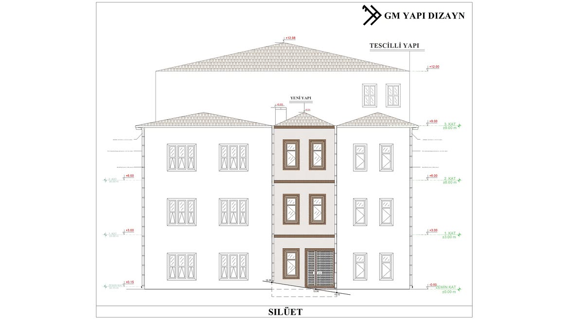Yeni yapı ve tescilli yapının kat yüksekliklerini gösteren silüet çizimi